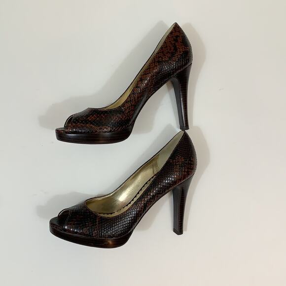 Jessica Simpson Snake Skin Brown Peep Toe Heels - Picture 8 of 8